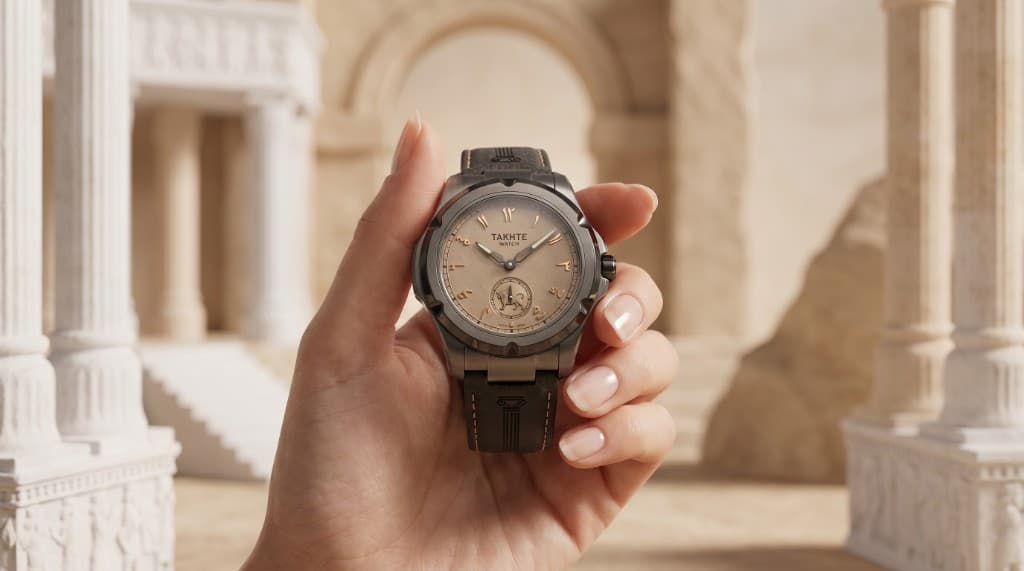 Takhte-Watch held in hand against palace architecture