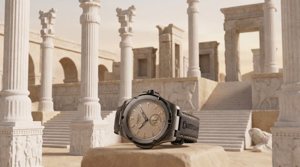 Takhte-Watch before Persepolis-inspired stone architecture